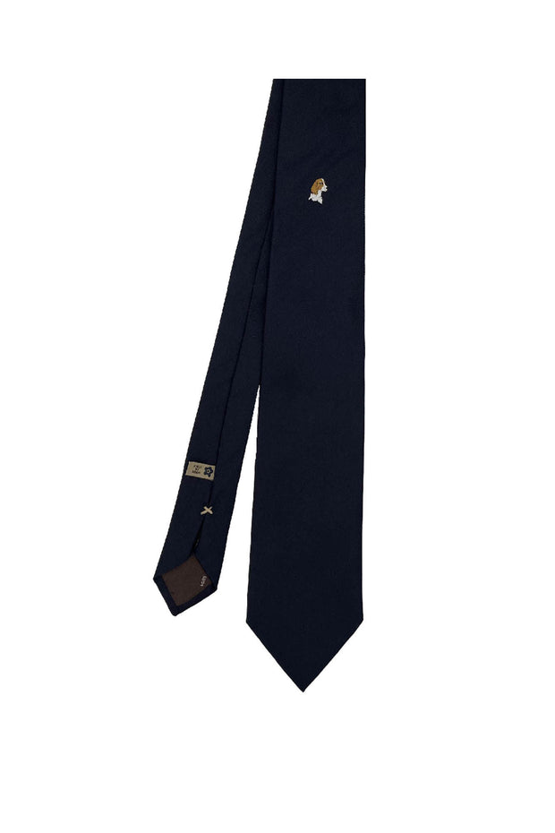 Cravatta di seta blu scuro con beagle sotto il nodo - Fumagalli 1891