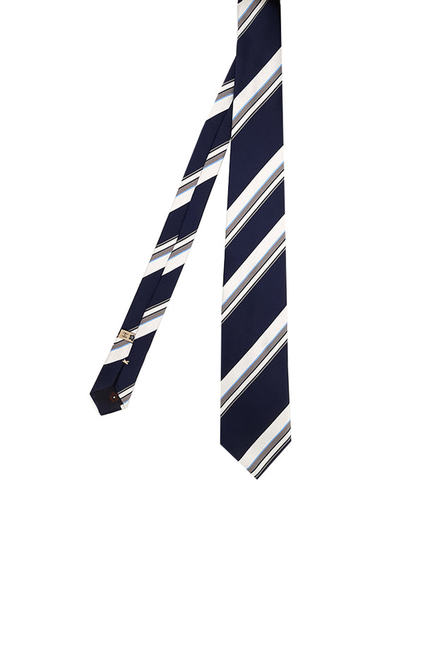 dark blue regimental tie with white stripes
