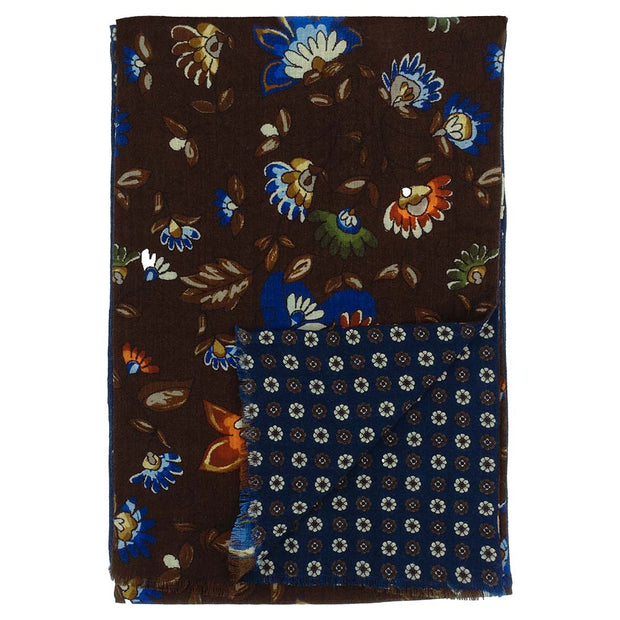 Sciarpa double face marrone e blu con stampe floreali - Fumagalli 1891
