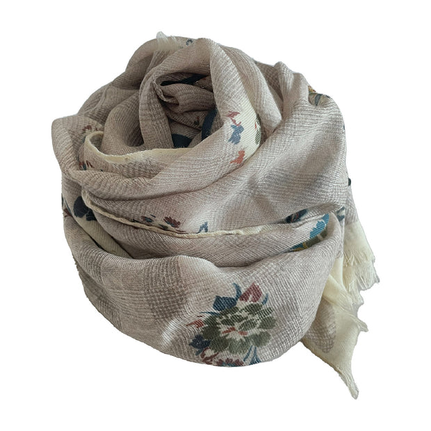 Beige macro floral Prince of Wales cashmere scarf - Fumagalli 1891