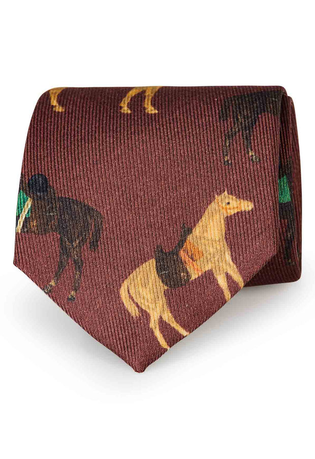 Cravatta in seta con stampa di cavalli su sfondo rosso - Fumagalli 1891