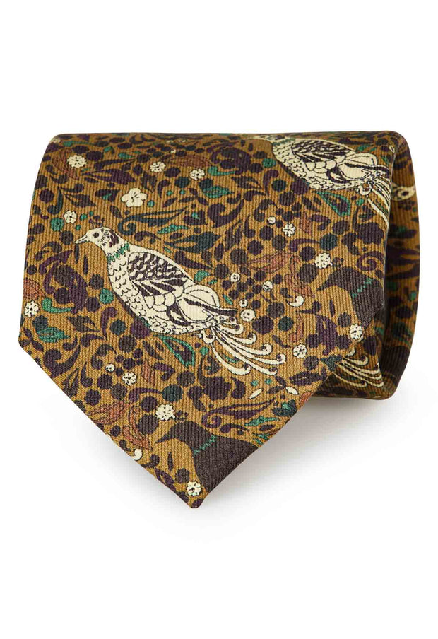 Cravatta stampata in seta beige con uccelli vintage - Fumagalli 1891