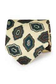 TOKYO - Beige medallion patterned unlined vintage printed silk hand made tie