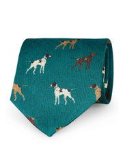 Green tie with dogs design printed silk hand made