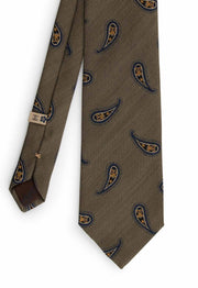 green olive tie with paisley yellow & dark blue pattern