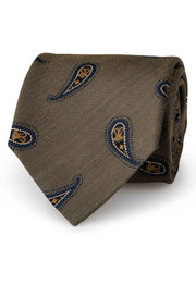 green olive tie with blue and yellow paisley