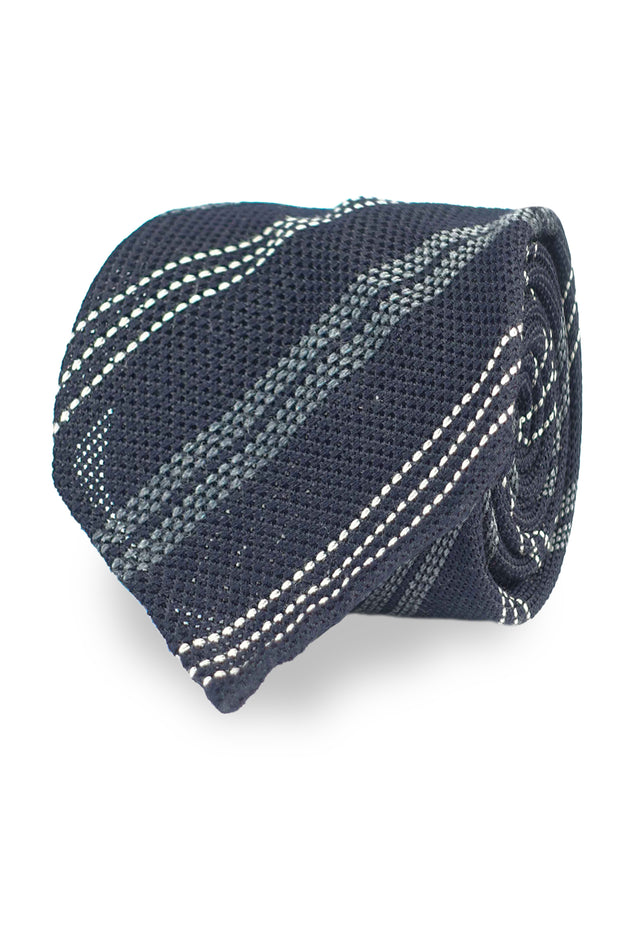 Cravatta sfoderata in seta/lana di garza sfoderata a righe blu bianche e grigie - Fumagalli 1891