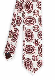 back of the hand made printed tie with fantasy pattern