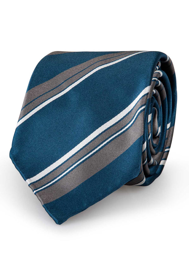 handmade striped tie with blue white and grey different dimention stripe