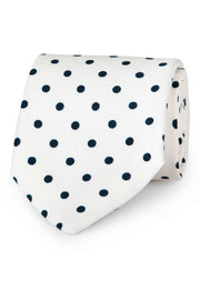 White & dark  blue polka dot printed silk hand made tie