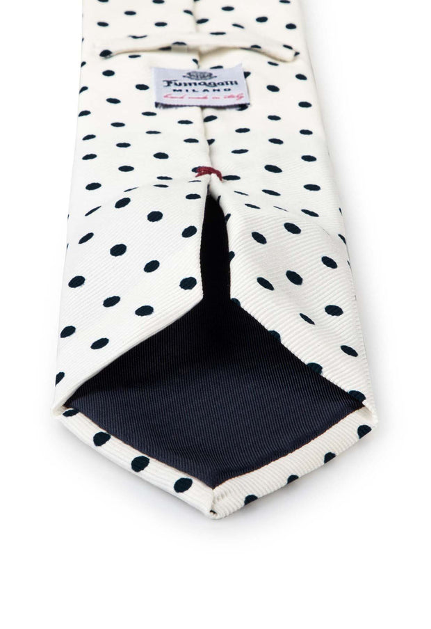White & dark  blue polka dot printed silk hand made tie