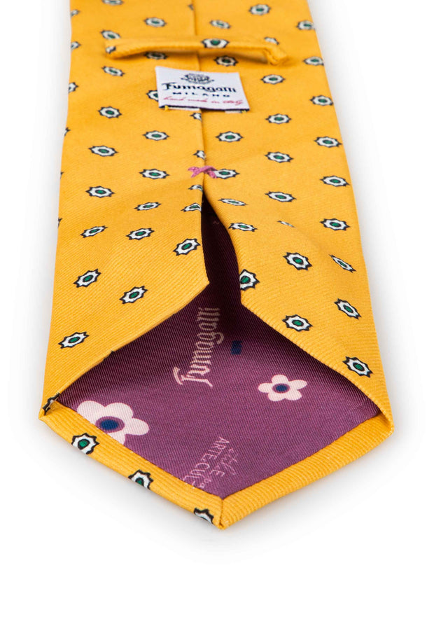 hand made printed tie yellow with floral white and green