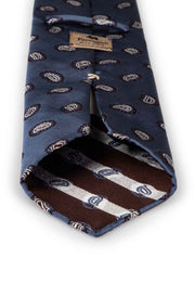 Cravatta sfoderata turchese in seta con motivo paisley bianco e marrone - Fumagalli 1891