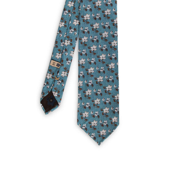 Turquoise & white floral jacquard silk unlined hand made tie