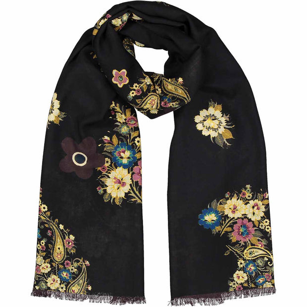 Black scarf multicolor flowers print