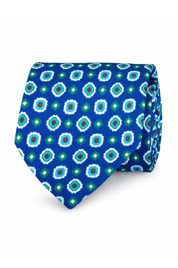 CRAVATTA DI SETA FATTA A MANO STAMPATA CON MOTIVO A DIAMANTE BLU, BIANCO E VERDE - FUMAGALLI 1891
