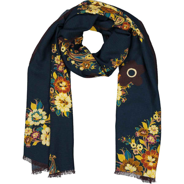 Dark blue scarf with yellow floral design