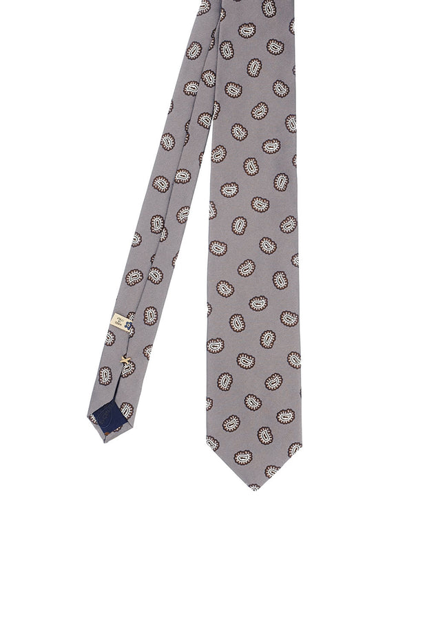 Cravatta jacquard in pura seta grigia con piccoli disegni paisley marroni- Fumagalli 1891