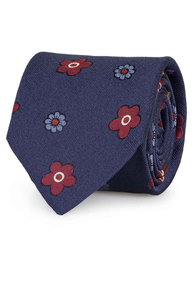 Cravatta blu con motivo jacquard a fiori rossi e azzurri -  Fumagalli 1891