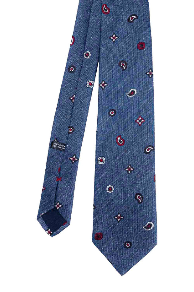BLUE, WHITE & RED SMALL DESIGNS PATTERN SILK & LINEN HAND MADE TIE