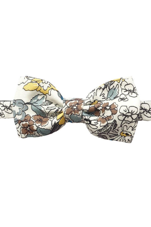 white floral hand made bow tie read-tied. floral design is black green , brown & yellow