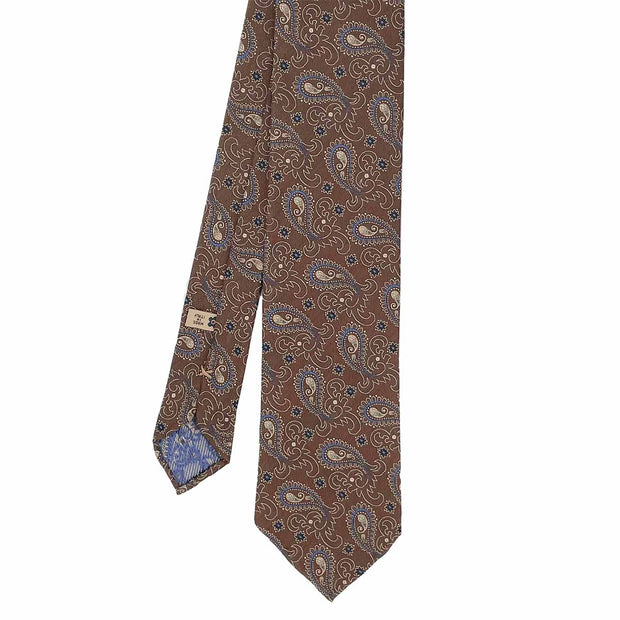 Brown & light blue paisley pattern jacquard unlined silk hand made tie - Fumagalli 1891
