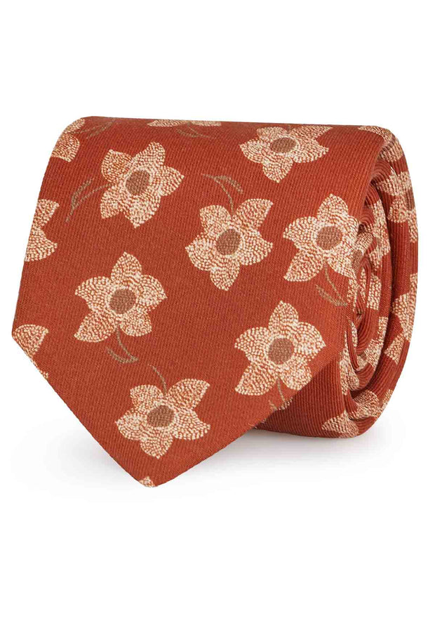 Cravatta arancione con stampa floreale in seta cucita a mano - Fumagalli 1891 
