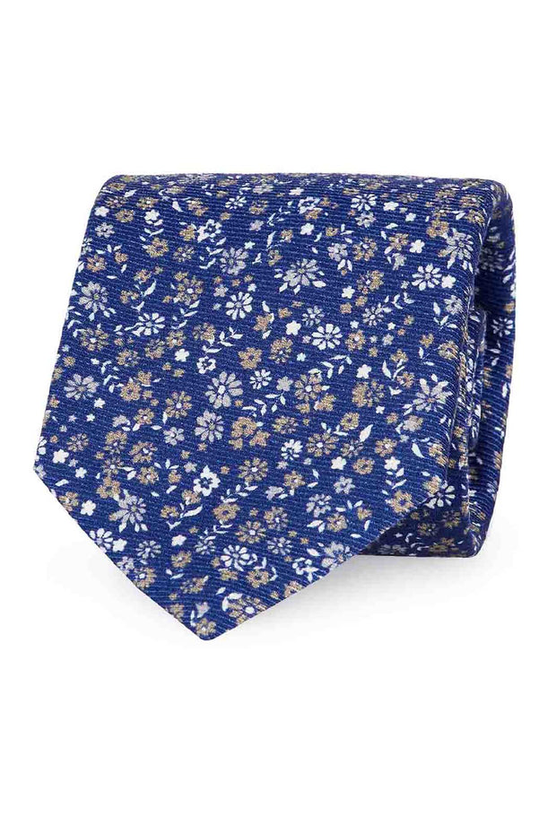 Blue & white floral printed silk hand made tie