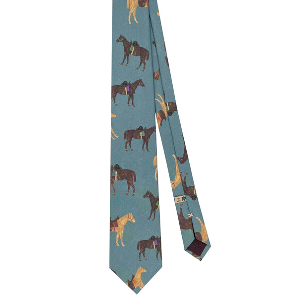 Cravatta a mano in seta stampata a cavallo azzurro - Fumagalli 1891