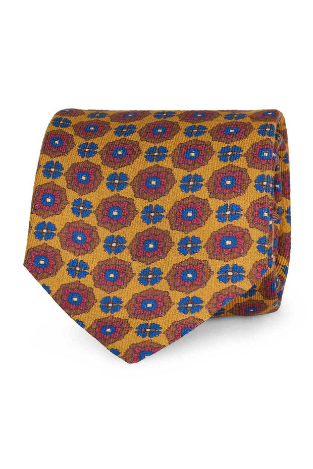 Yellow medallion and floral silk printed hand made tie