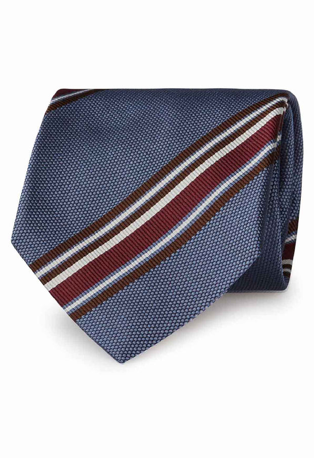 Cravatta in pura seta a righe asimmetriche azzurre, rosse, bianche e marroni - Fumagalli 1891