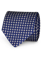 Cravatta stampata in seta/lana su fondo blu con margherite - Fumagalli 1891