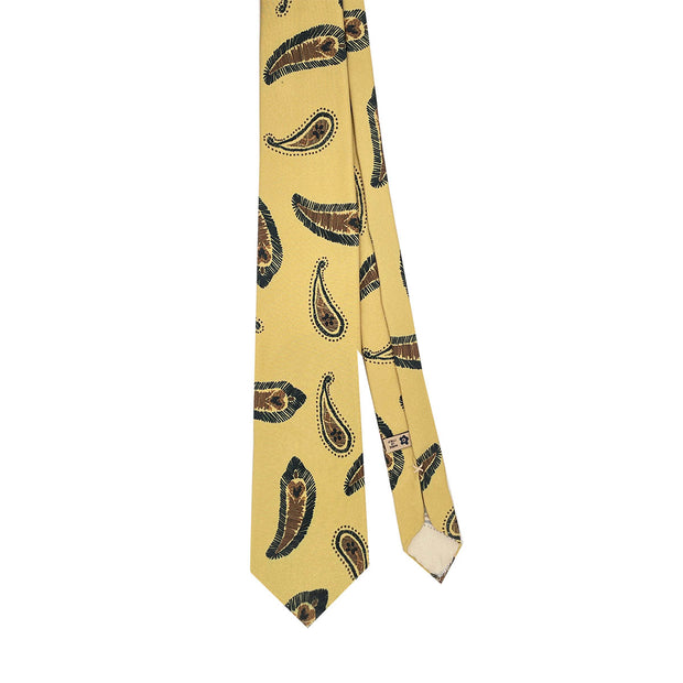 TOKYO - Yellow paisley vintage unlined printed silk hand made tie
