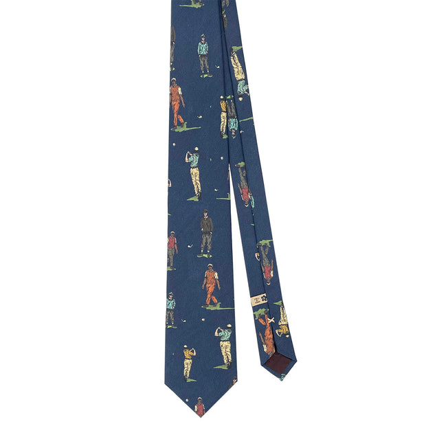 Cravatta blu in seta stampata con golfisti  - Fumagalli 1891