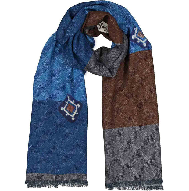 Fringed brown blue, grey & light blue wool hand made scarf