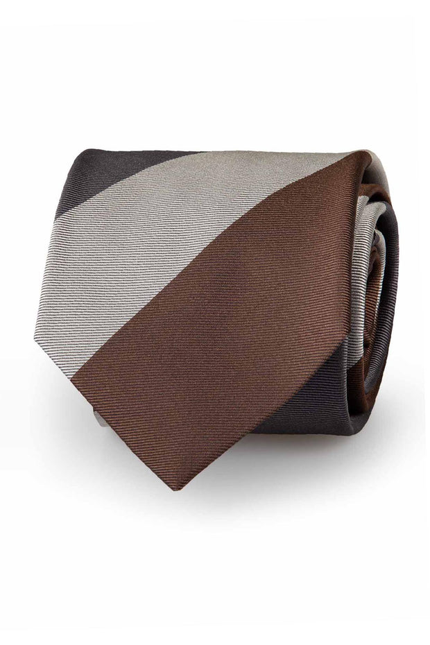 Cravatta in pura seta con motivo a righe marrone, marrone chiaro & grigio - Fumagalli il 1891