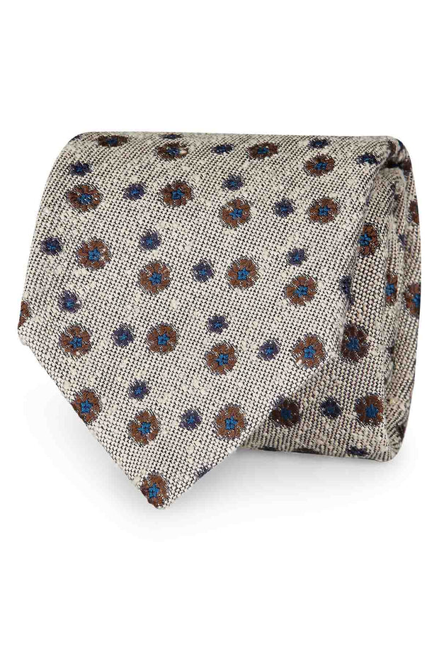 WHITE, BROWN & BLUE FLORAL VINTAGE SILK hand made TIE - Fumagalli 1891