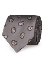 Cravatta jacquard in pura seta grigia con piccoli disegni paisley marroni- Fumagalli 1891