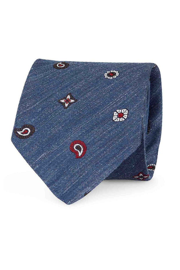 Cravatta in seta/lino jacquard azzurra con piccoli disegni bianchi, marroni e bordeaux - Fumagalli 1891 - Fumagalli il 1891