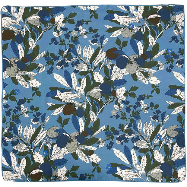 Bandana foulard d'archivio azzurro in seta-cotone con foglie e fiori