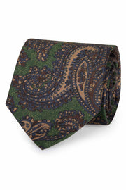 green background with brown and light brown paisley big pattern 