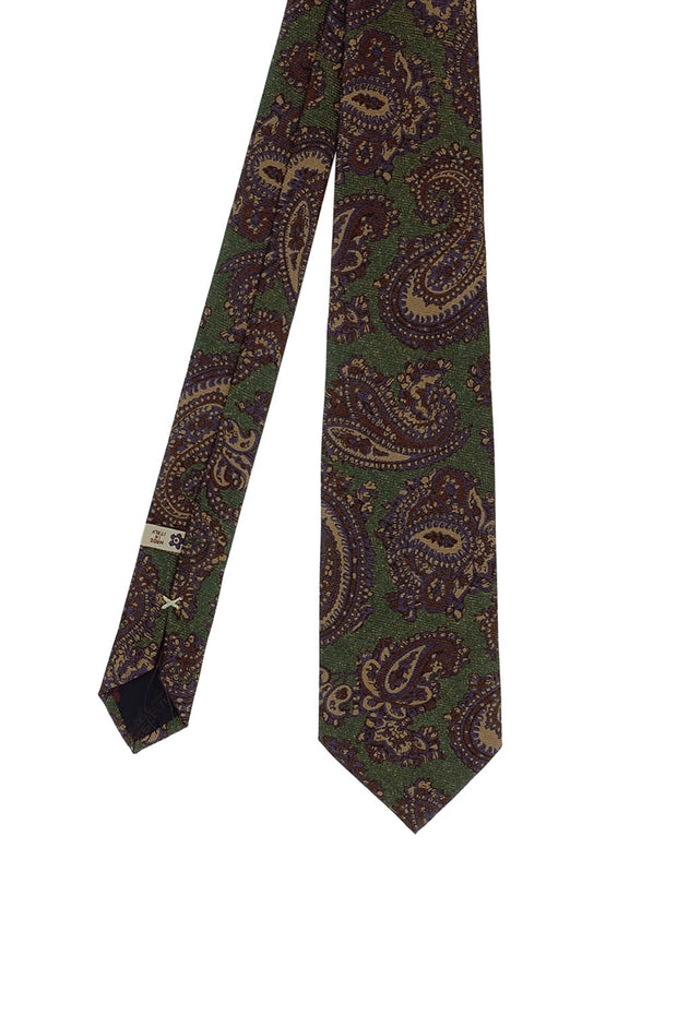Green big paisley pattern printed pure silk hand made tie - Fumagalli 1891