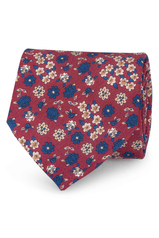 burgundy floral hand made tie with blue and beige flowers 