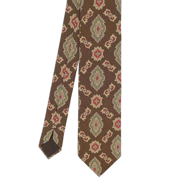 Cravatta in seta/ lana marrone con motivo vintage verde, rosso e beige - Fumagalli 1891 