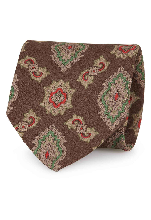 Cravatta in seta/ lana marrone con motivo vintage verde, rosso e beige - Fumagalli 1891 