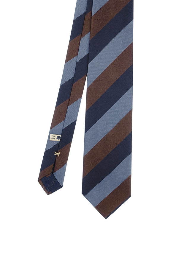 Brown, blue & light blue striped silk hand made tie