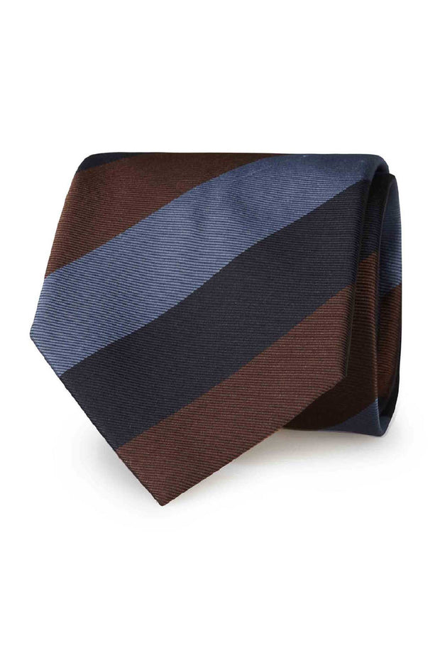 Brown, blue & light blue striped silk hand made tie