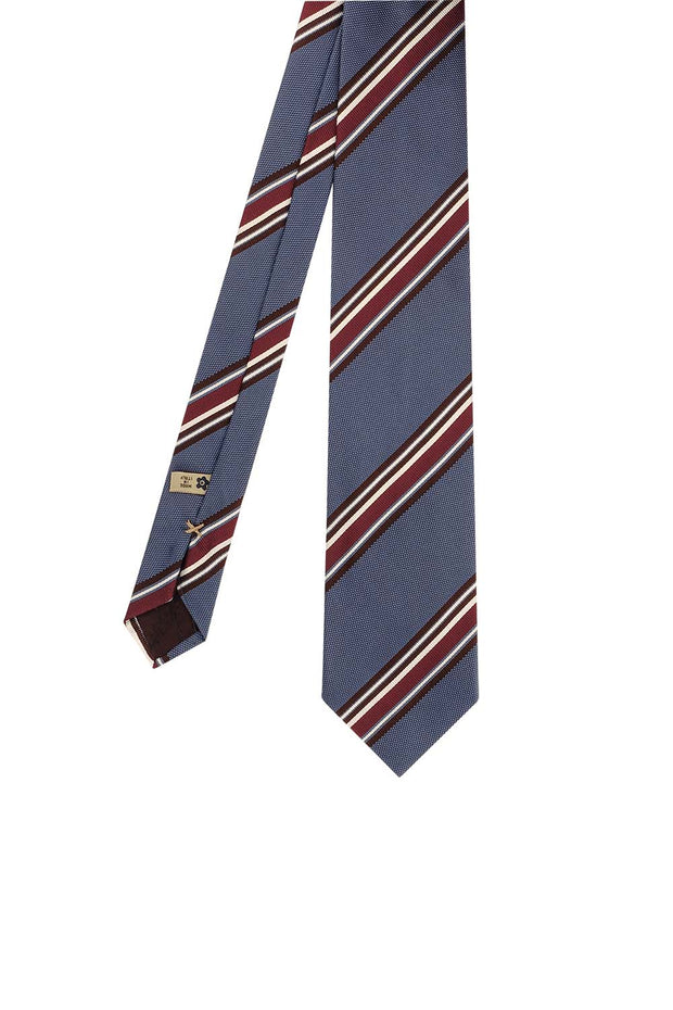Cravatta in pura seta a righe asimmetriche azzurre, rosse, bianche e marroni - Fumagalli 1891