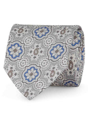 Cravatta in seta stampata con motivo a diamante bianco, azzurro e grigio - Fumagalli 1891