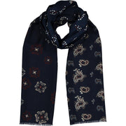 scarf with floral, paisley and dots on a blue background
